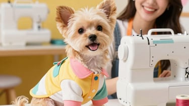 Un perro pequeño y adorable, vestido con ropa colorida hecha a medida, junto a una máquina de coser