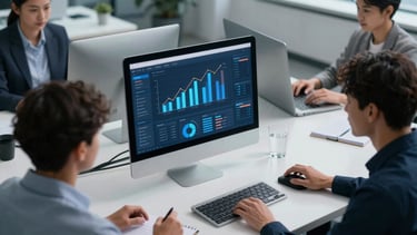 High-angle shot of a clean modern workspace with a computer showing positive dynamics and modern business graphics, cool-toned studio light, 35mm lens