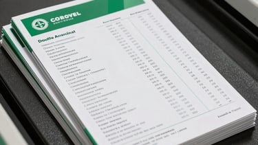 Top-down view of a stack of professionally printed price lists and brochures, crisp edges, vibrant emerald green accents, in a bright South American / Brazilian printing studio.