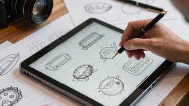 Detailed view of a professional designer's workspace in Brazil, including a digital tablet and organized sketches for a complex graphic product layout.