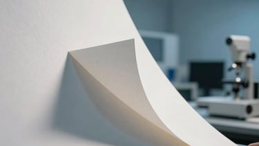 Abstract photography of paper textures and geometric shadow play in a printing lab, pearl white and sky blue lighting, South American / Brazilian professional setting.