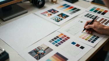 Wide panoramic overhead view of an active studio work surface — layered printed comps, color swatches, and annotated wireframes spread across a large table under cool tungsten studio lighting, a designer's hand mid-reach toward a mechanical pencil, film grain texture visible, high contrast, no soft diffusion, generous negative space on the left side of the frame
