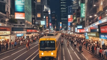 Modern high-rise apartment building with city skyline in the background during sunset.