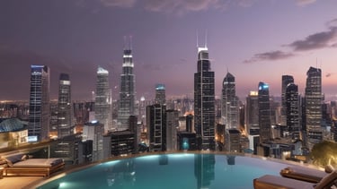 Cozy urban apartment interior with stylish furniture and large windows overlooking the city.