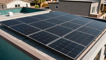A professional photography shot of a modern residential rooftop in Avra Valley, Arizona, North American / US, featuring sleek black solar panels. The lighting is bright afternoon sun, reflecting the innovative and reliable mood of the business. The scene is clean and high-end, incorporating deep forest teal accents from the palette.