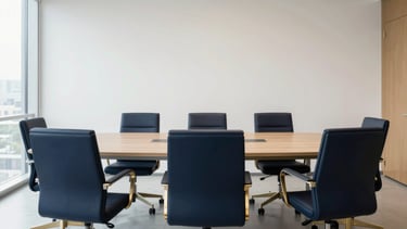 Modern corporate boardroom with natural light, a large table, and empty chairs, clean minimalist composition, deep navy and warm gold accents.
