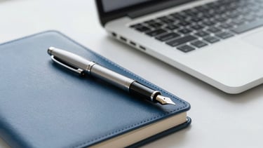 Close-up of a fountain pen resting on a structured leather notebook alongside a sleek silver laptop, cool daylight, shallow depth of field
