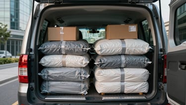 Wide panoramic view inside a moving vehicle's open cargo bay showing neatly stacked wrapped furniture and secured boxes in padded blankets, JLT tower glass facades visible through the vehicle doors in soft midday light, no people, emphasis on order and care