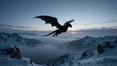Dark draconic silhouette flying over a misty, frozen mountain range at dusk, low horizon, cold blue tones, cinematic, wide aspect, dark cinematic fantasy photography