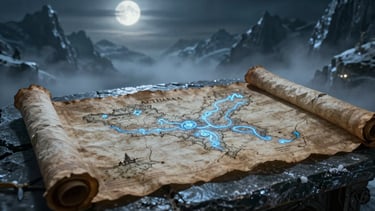 Wide shot of an ancient, weathered parchment map of Aethara, unfurled on a stone table, glowing icy blue runes subtly embedded in the map, surrounded by subtle mist, low-key moonlight, dark cinematic fantasy photography, 35mm