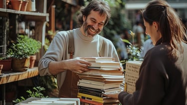 Dos personas intercalando una torre de libros
