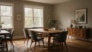 Wide environmental panoramic shot of an empty, beautifully designed dining room with Scandinavian-inspired furniture, soft diffused natural light streaming through large windows, deep rich shadows.