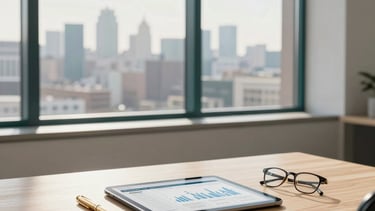 A minimalist, sunlit North American office interior with a large window overlooking a soft city skyline. On a light wood desk, a tablet displays a clean financial planning interface next to a gold pen and a pair of professional glasses. The scene is professional and calm, featuring off-white, dark teal, and gold accents.