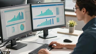 An action shot of a marketing strategist working at a clean desk in a sunlit North American office. Multiple monitors show analytics dashboards with teal and blue accents. The style is modern, professional, and clear.