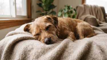 A rescue dog resting its head peacefully on a soft oatmeal-colored blanket, soft natural daylight filtering through a window, eye-level intimate framing, warm earth tones, 35mm film style.