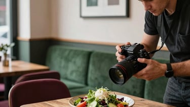 A high-end, cozy Scandinavian-style cafe interior in a North American / European city. A professional photographer is setting up a shot of a fresh artisanal salad on a rustic wooden table. The lighting is soft and natural. Accents of Deep Ripe Crimson and Matte Forest Green are seen in the upholstery and wall art. Sophisticated, approachable atmosphere.