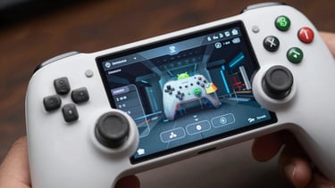 A sharp, clear photograph of an Android gaming controller attached to a phone. The game screen displays a menu with sleek, user-friendly buttons and modern digital graphics.