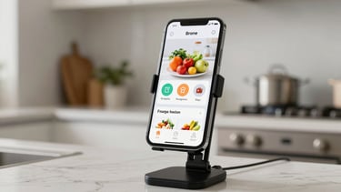 A bright, professional lifestyle shot of a kitchen in the US. A smartphone mounted on a stand shows a grocery integration feature within a smart home app.