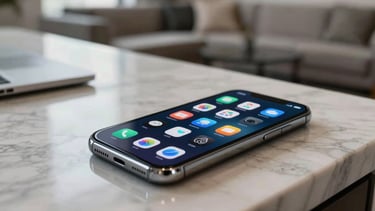 A professional architectural shot of a tech-focused living space in a US city. A smartphone sits on a marble countertop, its screen glow reflecting a user-centric design with modern icons.