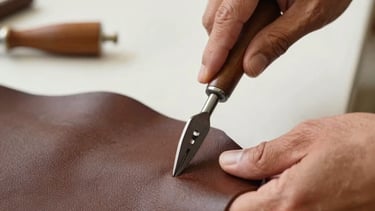 A sophisticated close-up photograph of a South American / Brazilian leather artisan's hands at work in a bright Vacaria workshop. The artisan is using traditional metal tools on a piece of dark brown leather. The composition is clean and modern, with soft natural light hitting the textures of the leather. Palette includes medium brown and off-white tones.