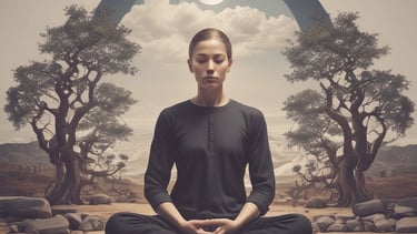 a woman sitting in a circle with a moon in the background