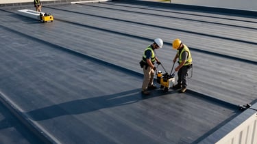 Industrial photography of a professional roofing crew inspecting a massive commercial flat roof on a sunny day in North American / US. The scene emphasizes durability and precision, featuring high-quality equipment and the clean lines of a modern warehouse. Colors are predominantly dark blue, gray, and off-white.