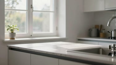 A clean, modern UK kitchen with bright daylight streaming through the window, showing a neatly organized countertop.