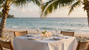 Luminous coastal reception at golden hour in Guadeloupe, warm sunlight filtering through palm leaves, elegant table setting with white linen and glowing candles, ocean background, editorial photography, shallow depth of field