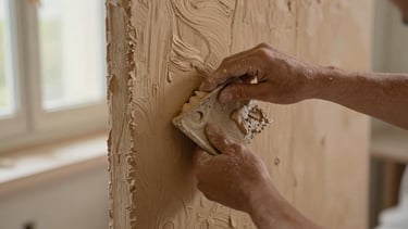 Gros plan de mains d'artisan étalant du plâtre humide sur une cloison avec une taloche, lumière rasante naturelle mettant en valeur la texture
