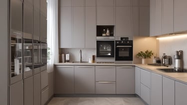 A bright, modern kitchen with custom cabinetry and warm lighting