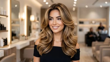 A woman with voluminous professional blowout hairstyle in a luxury salon, showcasing shiny, bouncy, 