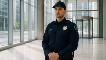 A professional security officer in a clean navy blue uniform standing post in the lobby of a high-end corporate skyscraper in a North American / US city. The scene is bright and airy with floor-to-ceiling windows, white marble floors, and silver accents. The composition is clean and focused, reflecting a trustworthy and serious atmosphere.