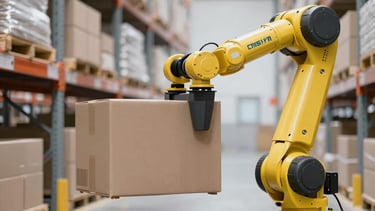 Inventory shelves with organized products and a digital tablet showing stock levels