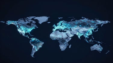 Wide panoramic view of a glowing digital world map centered on Asia-Pacific and Middle East, electric blue and cyan connectivity lines linking city nodes across seven countries, dark navy background, screen-glow lighting, cinematic 21:9 framing with generous empty sky above