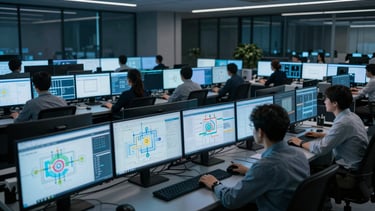 Wide panoramic view of an enterprise software operations center at night, multiple large monitors displaying live dashboards and workflow analytics, a multicultural team reviewing architecture diagrams on screens, cool blue-cyan screen glow as primary light source, dark environment emphasizing scale and operational readiness