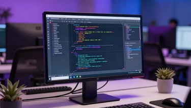 A modern tech startup office setting in Paris, focusing on a clean desk with a computer displaying code and digital interface wireframes. Dynamic, professional atmosphere with subtle vibrant purple and deep blue neon lighting accents. European / French context.