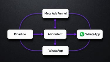 Overhead flat-lay of a system architecture diagram on a dark surface showing three connected nodes labeled with pipeline stages, purple connector lines linking Meta Ads funnel to AI content module to WhatsApp agent endpoint, cool studio lighting, high contrast, no human elements, minimal and precise layout