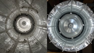 Side-by-side split-frame comparison shot inside a residential duct: left half shows a heavily coated duct interior with thick grey dust and debris clinging to the metal walls under task lighting; right half shows the same duct interior after cleaning, bare shiny metal visible, no residue, task lighting revealing the clean surface