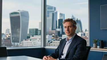 A sharp, professional photograph of a Western European / British trade specialist sitting at a sleek boardroom table in a London office. In the background, floor-to-ceiling windows overlook the iconic City of London skyline during a clear morning. The setting is clean and sophisticated with steel blue and dark blue accents in the decor.