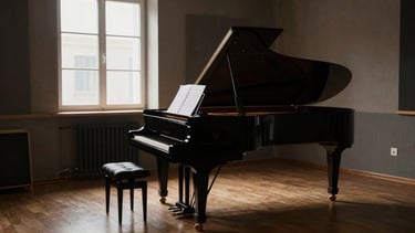 Wide environmental shot of a historic music studio in Gjakova, a grand piano under soft window light, sheet music resting on the stand, high-contrast shadows, dramatic editorial style.