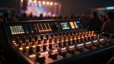 Close-up of a premium digital audio console in deep shadows, glowing warm copper and gold LED lights, blurred festival stage in the background, cinematic 35mm