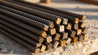 Macro shot of ribbed steel rebar stacked on a construction site in Tulum, warm golden hour light, high contrast shadows