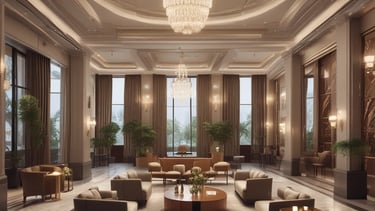A sleek, modern hotel lobby with warm lighting and elegant decor.