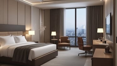 Happy hotel guests enjoying a comfortable and stylish room.