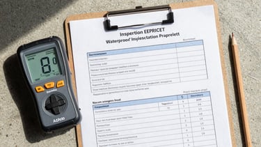 Close-up overhead flat-lay of a waterproofing inspection report document beside a moisture meter and pencil on a concrete-grey surface, natural north-facing daylight, precise and material-honest