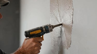 A professional South American / Brazilian construction scene focusing on high-end finishing. Close-up photograph of a craftsman's hands using a professional tool to apply a smooth taupe-colored architectural finish to a clean modern wall. The lighting is soft and natural, emphasizing precision and trust. Palette includes light gray and near black accents in the background.