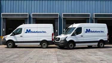 Wide shot of two branded JM Solutions Inc. service vehicles parked side-by-side at a commercial loading dock, bright natural daylight, cool blue and slate tones, sharp focus, medium environmental shot.