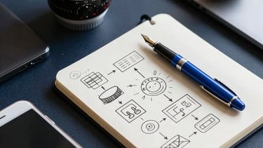 Professional flat-lay of modern digital devices, a notebook with strategy diagrams, and a steel blue fountain pen on a dark navy surface.