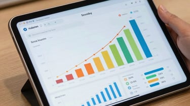 A detail shot of an high-end tablet showing a social media dashboard with vibrant growth charts. Tan and steel blue accents. International office setting.