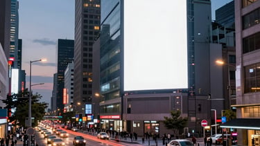 A vibrant city at dusk with light trails of traffic, representing the fast-paced nature of modern advertising and digital innovation. International.